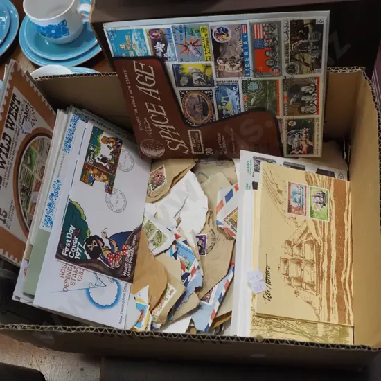 box of stamps, first day covers etc