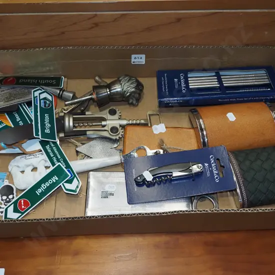 box; bottle openers, hip flask, cocktail stirrers etc