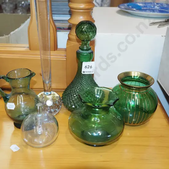 small green glass stoppered bottle, vase, jug etc