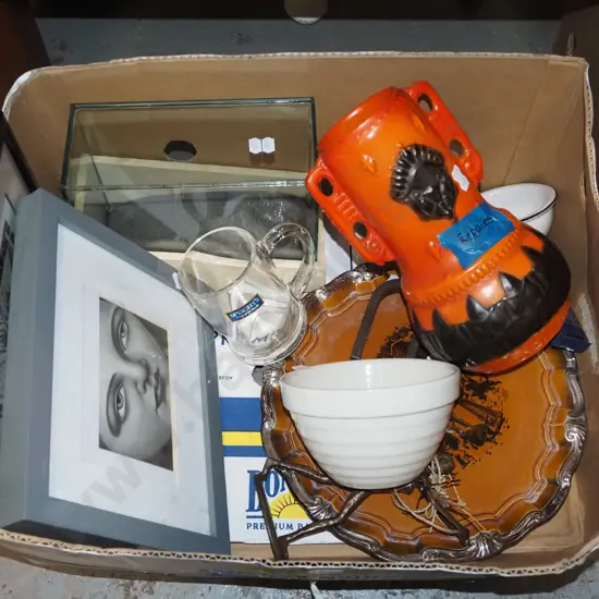 box; framed prints, display box, beer glass, bowl etc
