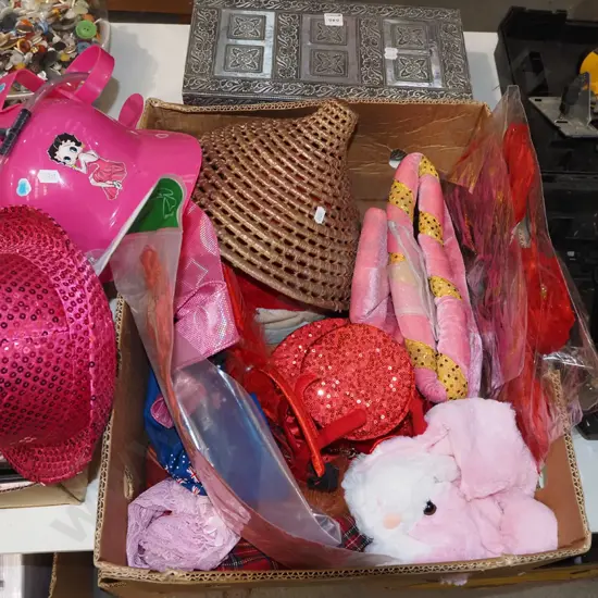 box of novelty hats, feathers etc