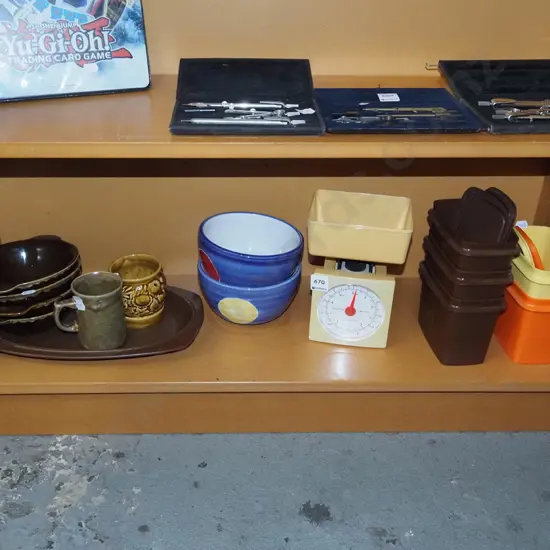shelf; scales, storage canisters, cups, bowls etc