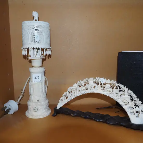 ornate composite table lantern, carved animal tusk