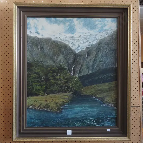 framed oil on board - waterfall and river