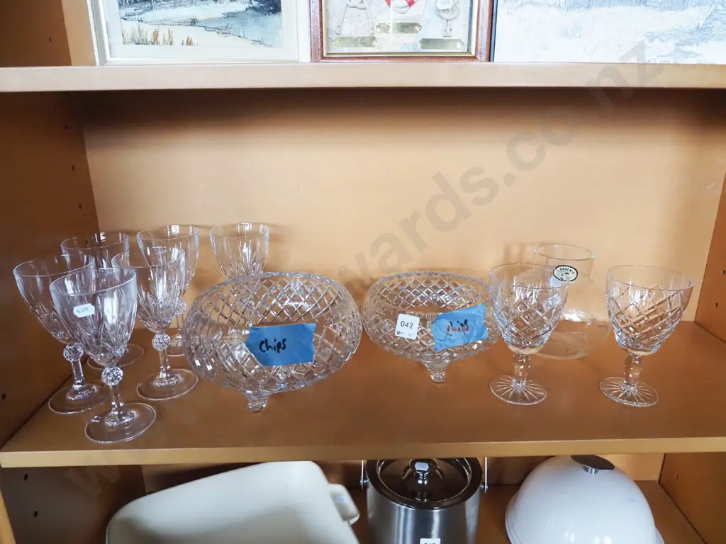shelf; crystal bowls - small chips, wine glasses, Bohemian crystal vase Image 1++