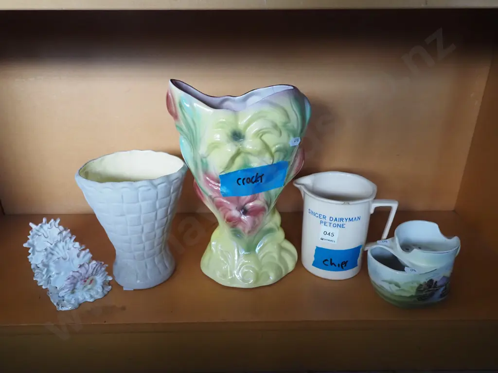 lustre vase - crack, Singer Dairy Man Petone jug - chip, shaving mug, vase etc Image 1++