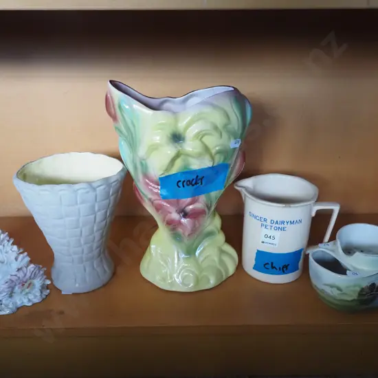 lustre vase - crack, Singer Dairy Man Petone jug - chip, shaving mug, vase etc