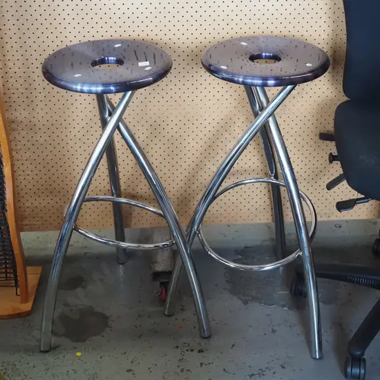 2x polished metal bar stools