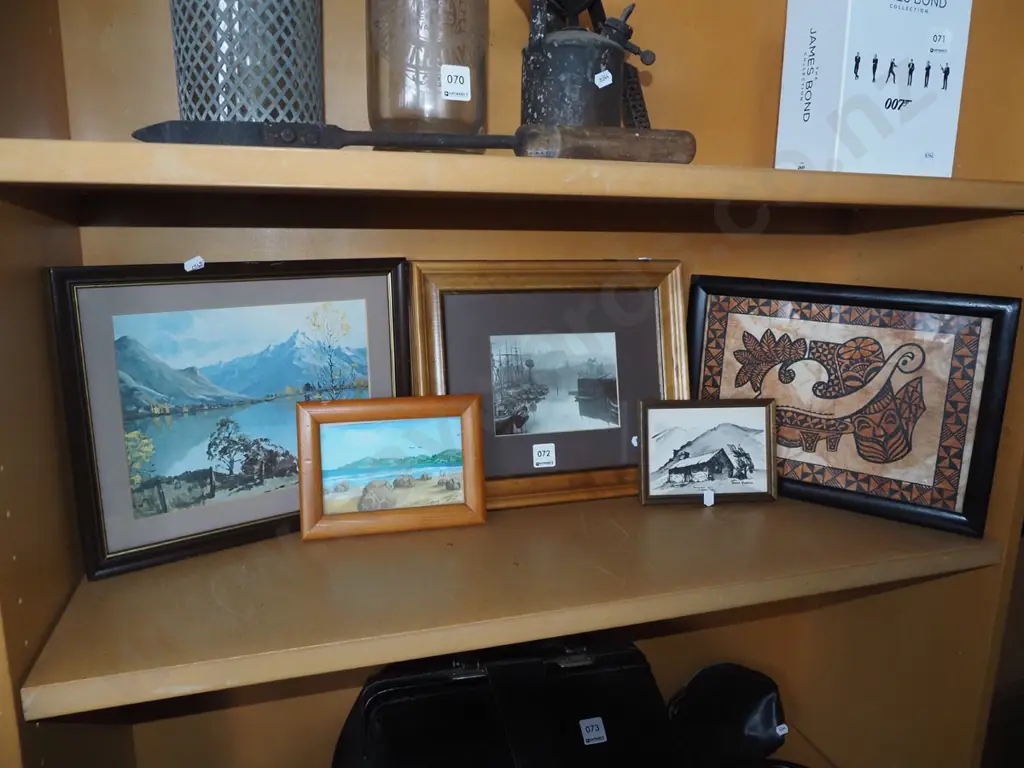 shelf; small tapa cloth, watercolours, prints Image 1++
