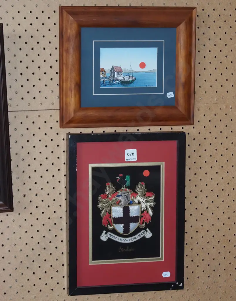 framed Sinclair shield, ink and watercolour - boat - red dots Image 1++