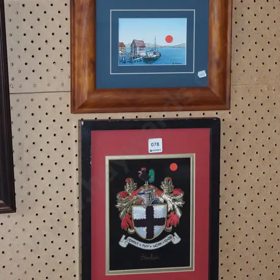 framed Sinclair shield, ink and watercolour - boat - red dots