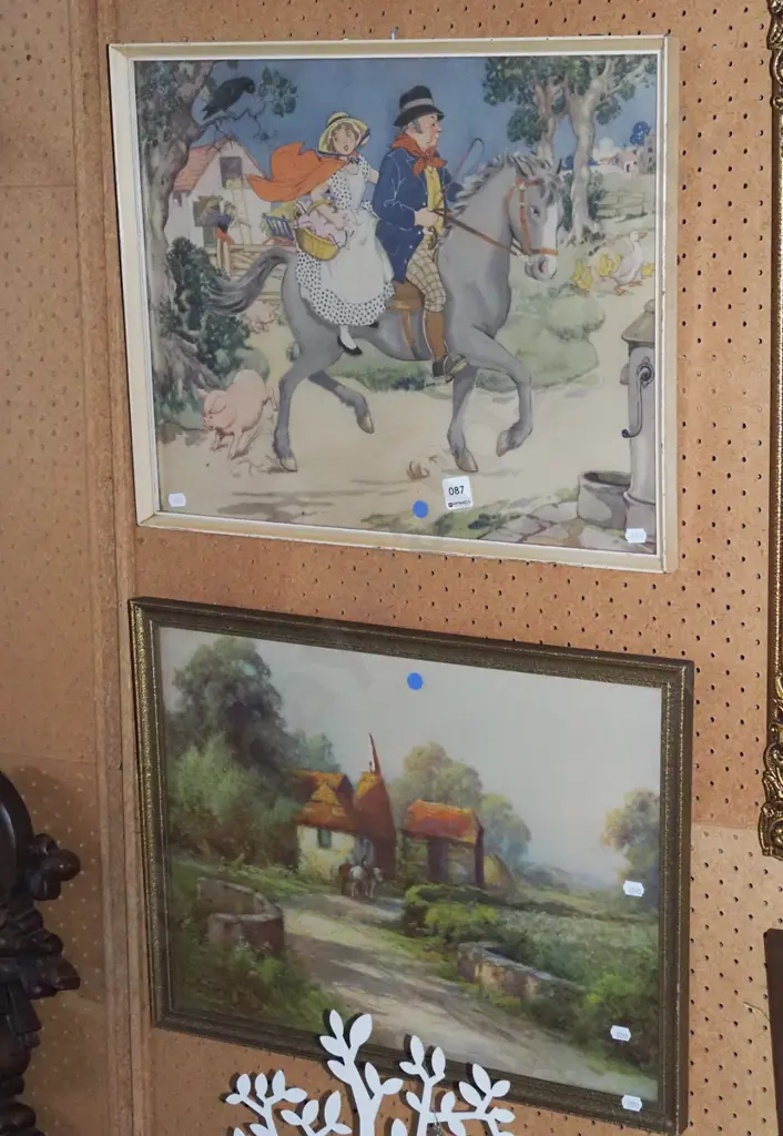 2x framed prints - oast house, couple on horse - blue dots Image 1++