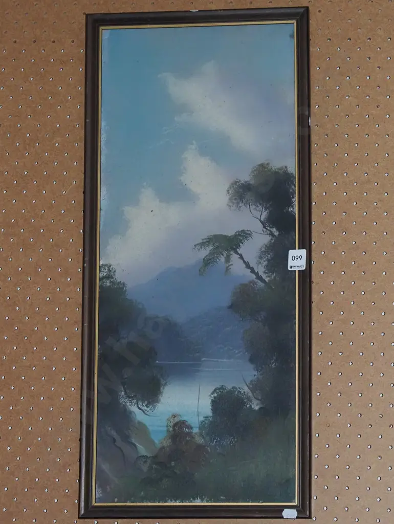 framed colonial oil  on board - lake and mountain scene Image 1++