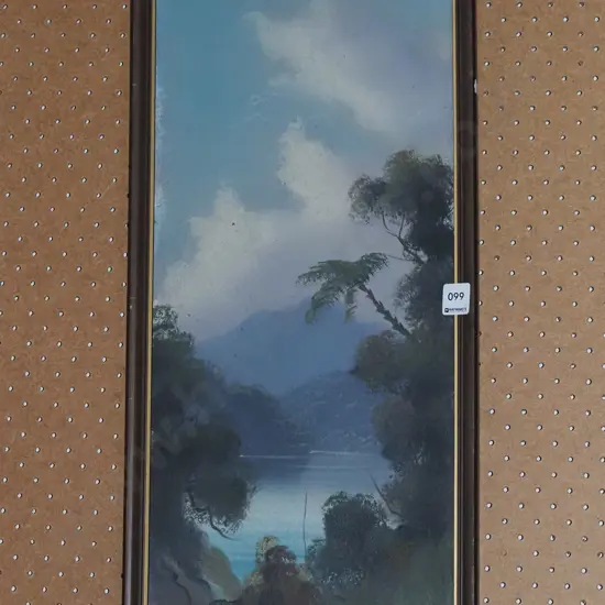 framed colonial oil  on board - lake and mountain scene