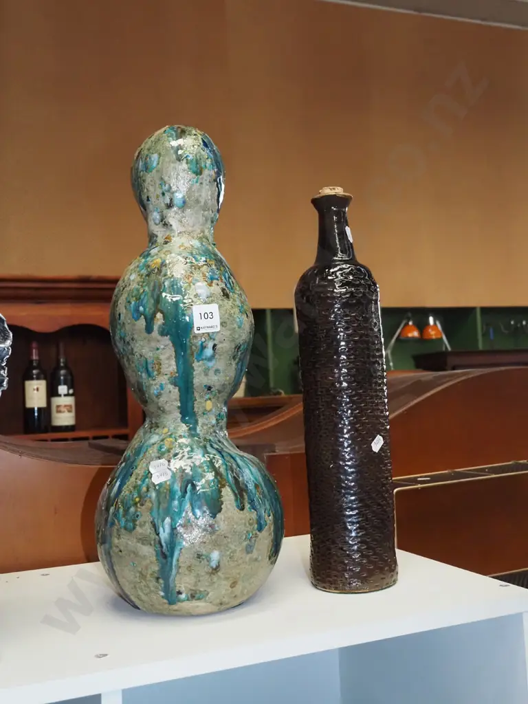 tall pottery bottle, trickle glazed sculpture H-460 Image 1++