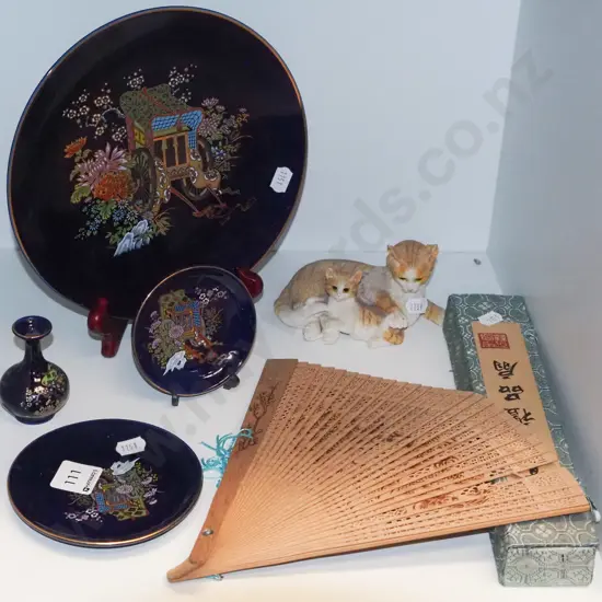cobalt and gold plate, miniatures, fan etc