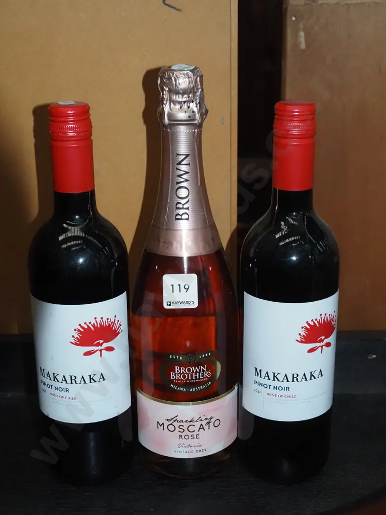 3 bottles of wine - 2 Makaraka 2020 pinot noir and a Brown Brothers 2022 rose Image 1++