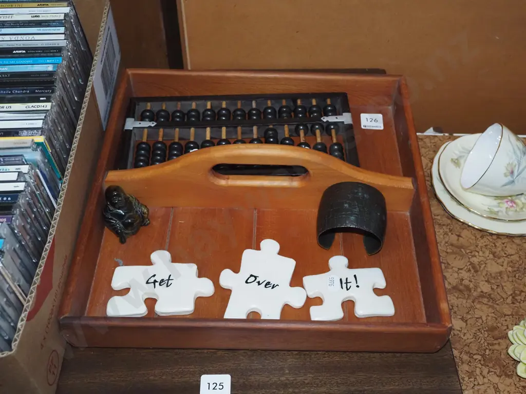 wooden handled rimu tray, abacus, bracelet etc Image 1++