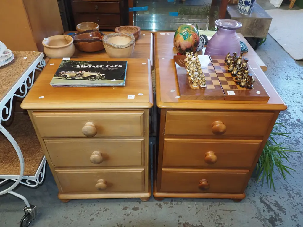 pair of solid rimu 3 drawer bedside cabinets - 1 has fading Image 1++