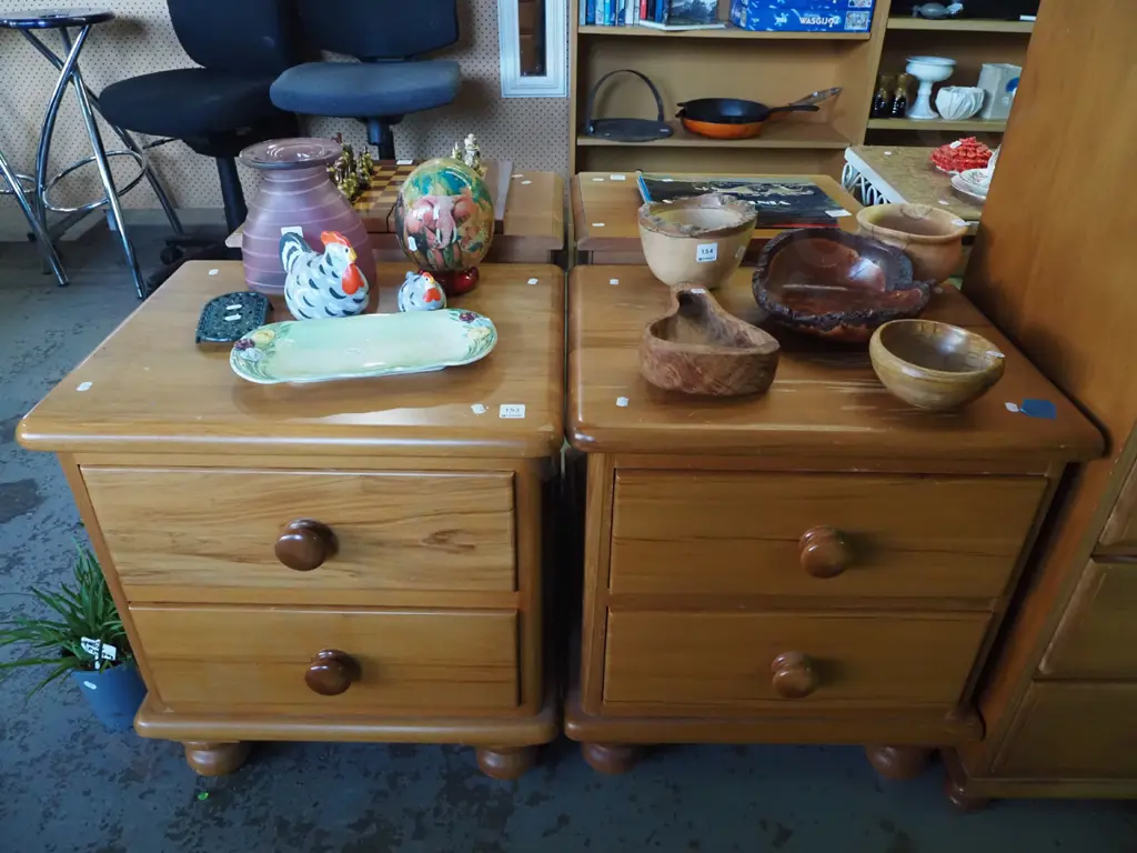 pair of solid rimu 2 drawer bedside cabinets - varnish needs attention Image 1++