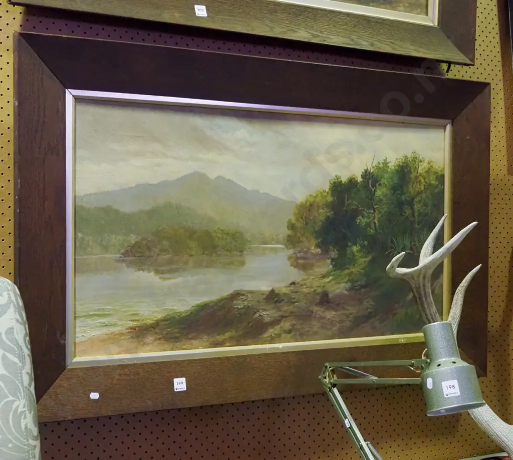 large oak framed colonial oil on board - lake, mountain scene Overall H-730 W-1140  Image 1++