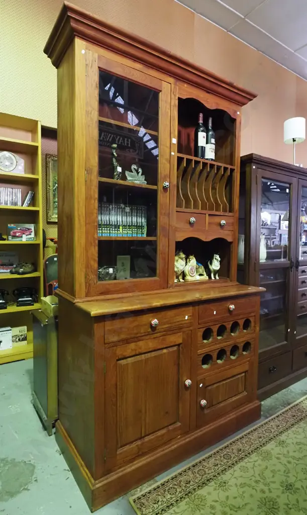 hardwood rustic wall unit with 4 drawers, 2x solid, 1x glazed door, shelves, record and wine rack Image 1++