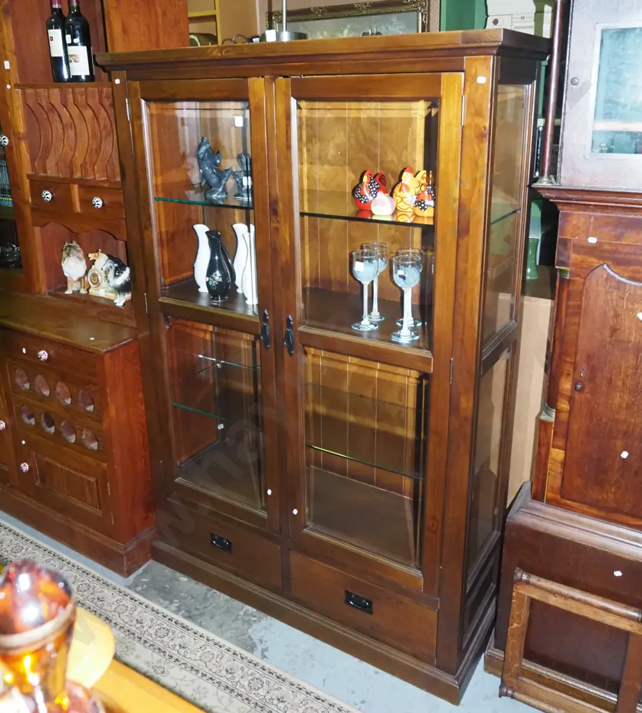 sold pine 2 door display cabinet, 2 lower drawers, 4 bevelled edge glass panes, 2x adjustable shelves Image 1++