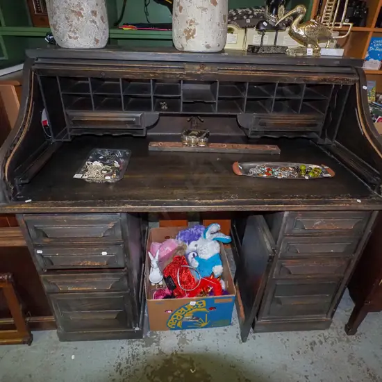 solid oak roll top desk- 8 drawers, with original inkwells, drawers, 