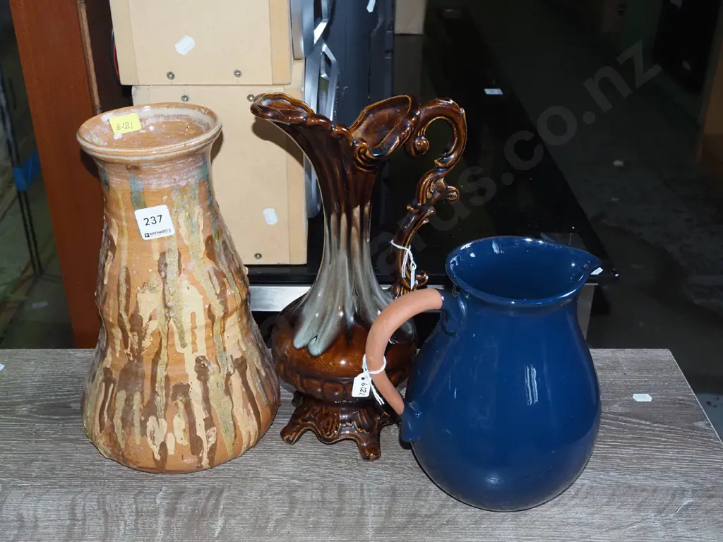 studio pottery vase, ewer vase, blue handled terracotta jug Tallest H-320 Image 1++