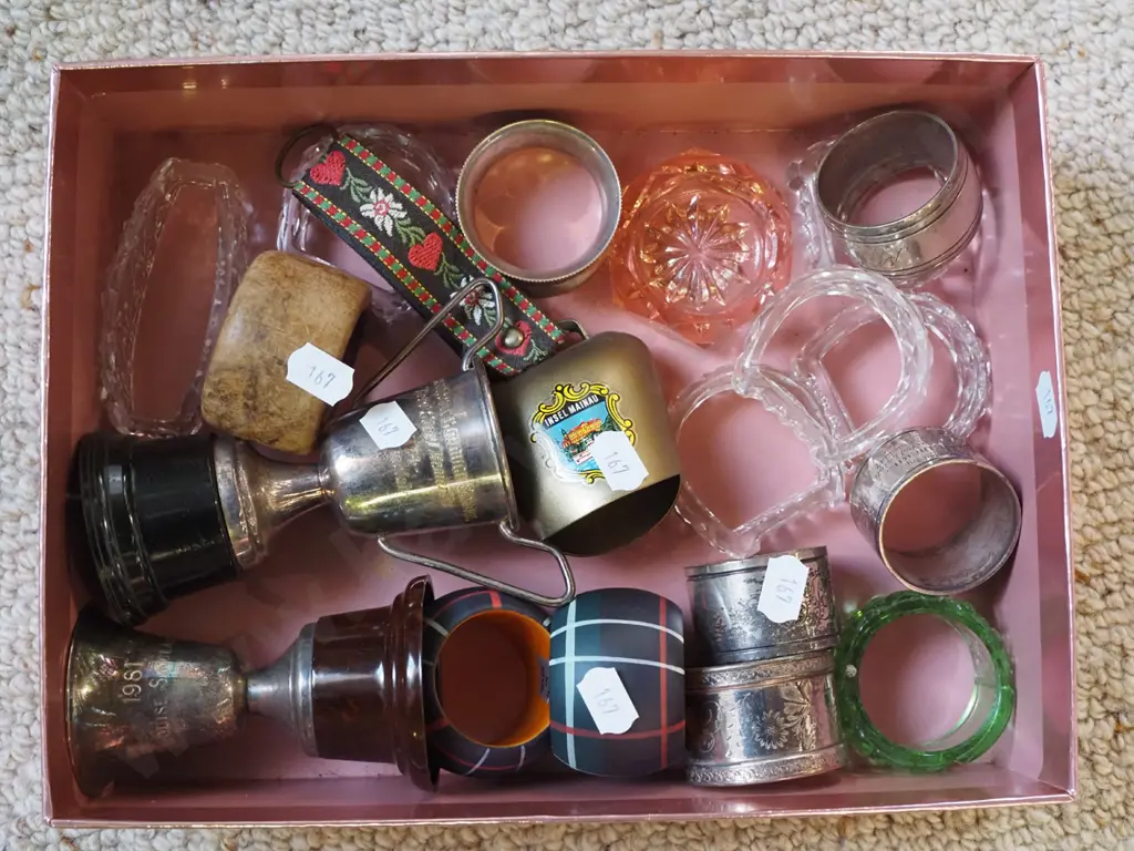 box; napkin rings, small trophies, cow bell etc Image 1++