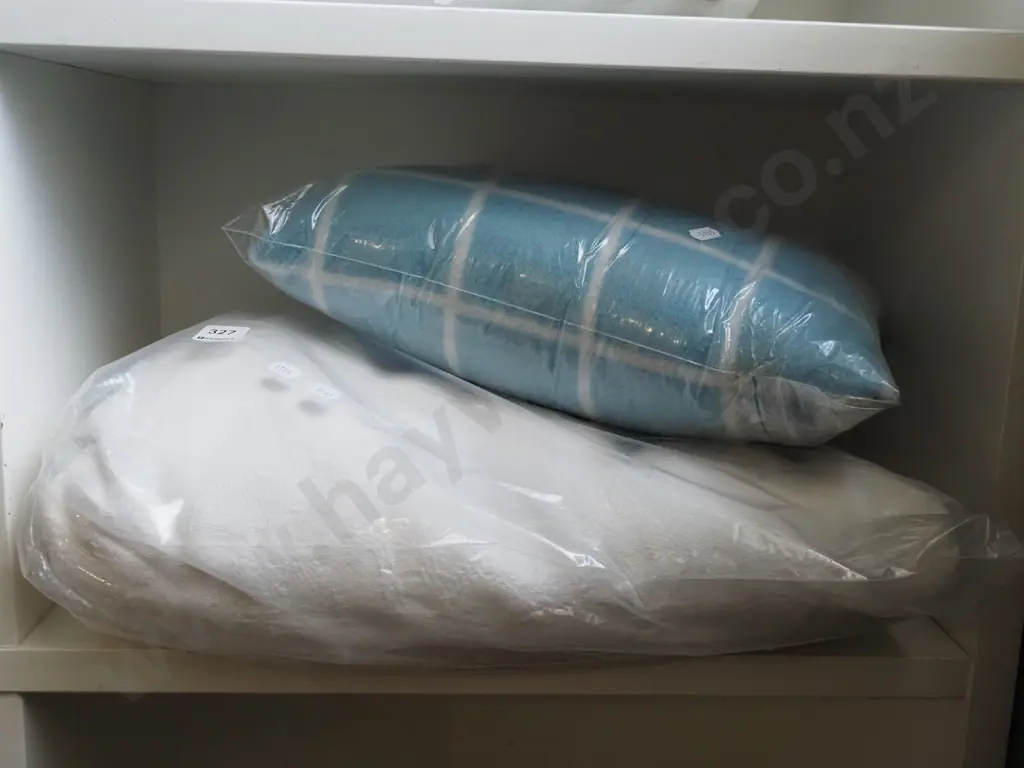 cream throw and blue checked blanket Image 1++