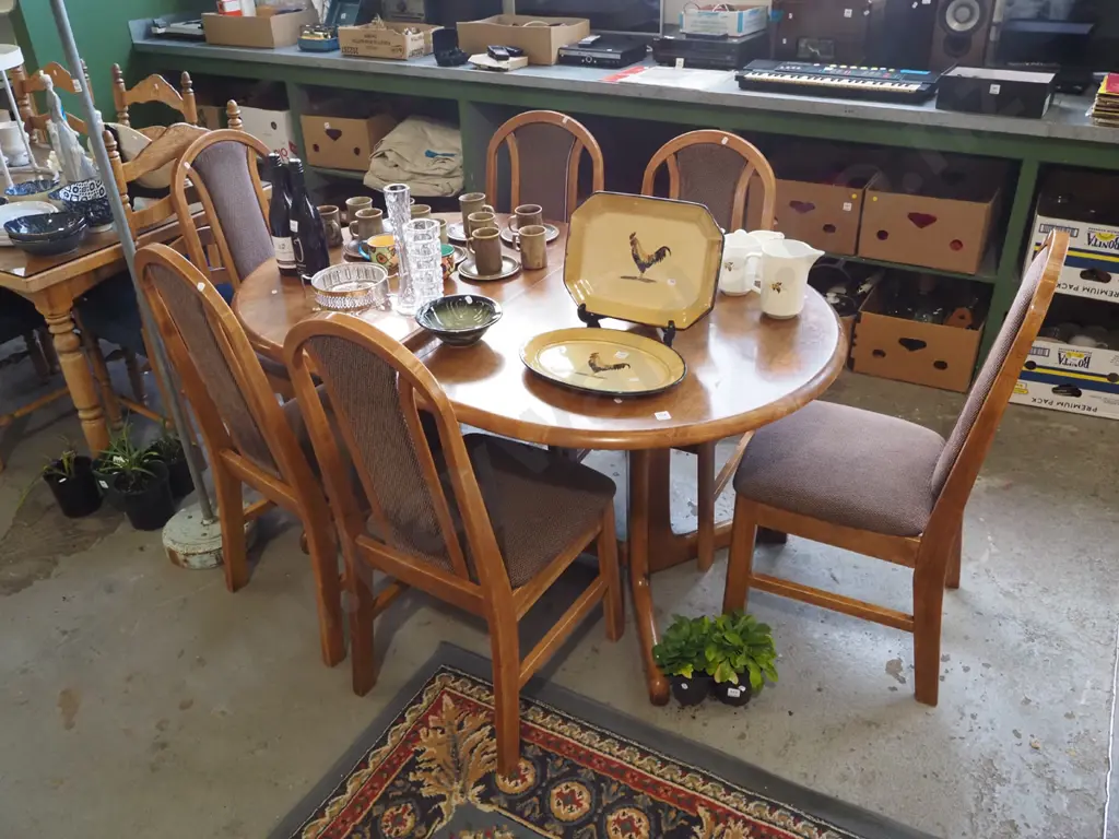 Indonesian extending rubberwood dining table with 6 high back chairs - slight scuffing to top Image 1++