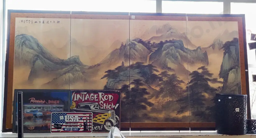  4 panel Asian foldaway screen with mountain watercolour - significant foxing H-920 W-1840  Image 1++
