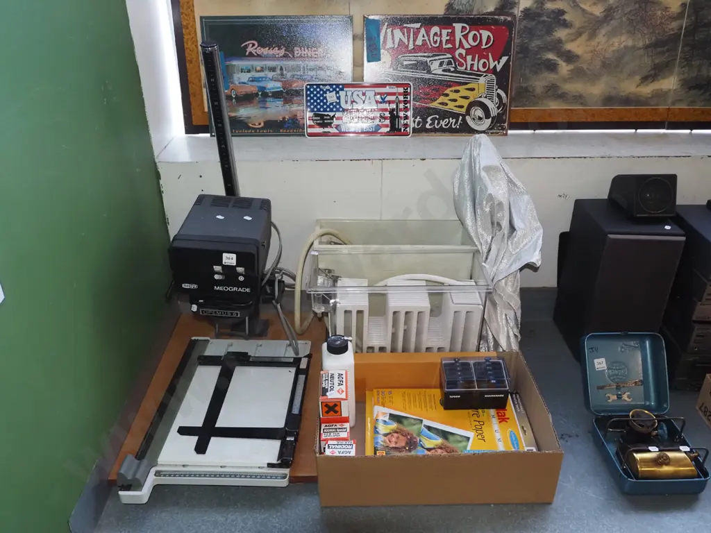 photography darkroom supplies; easel, enlarger, wash bins, fixer, developer, light reflector etc Image 1++