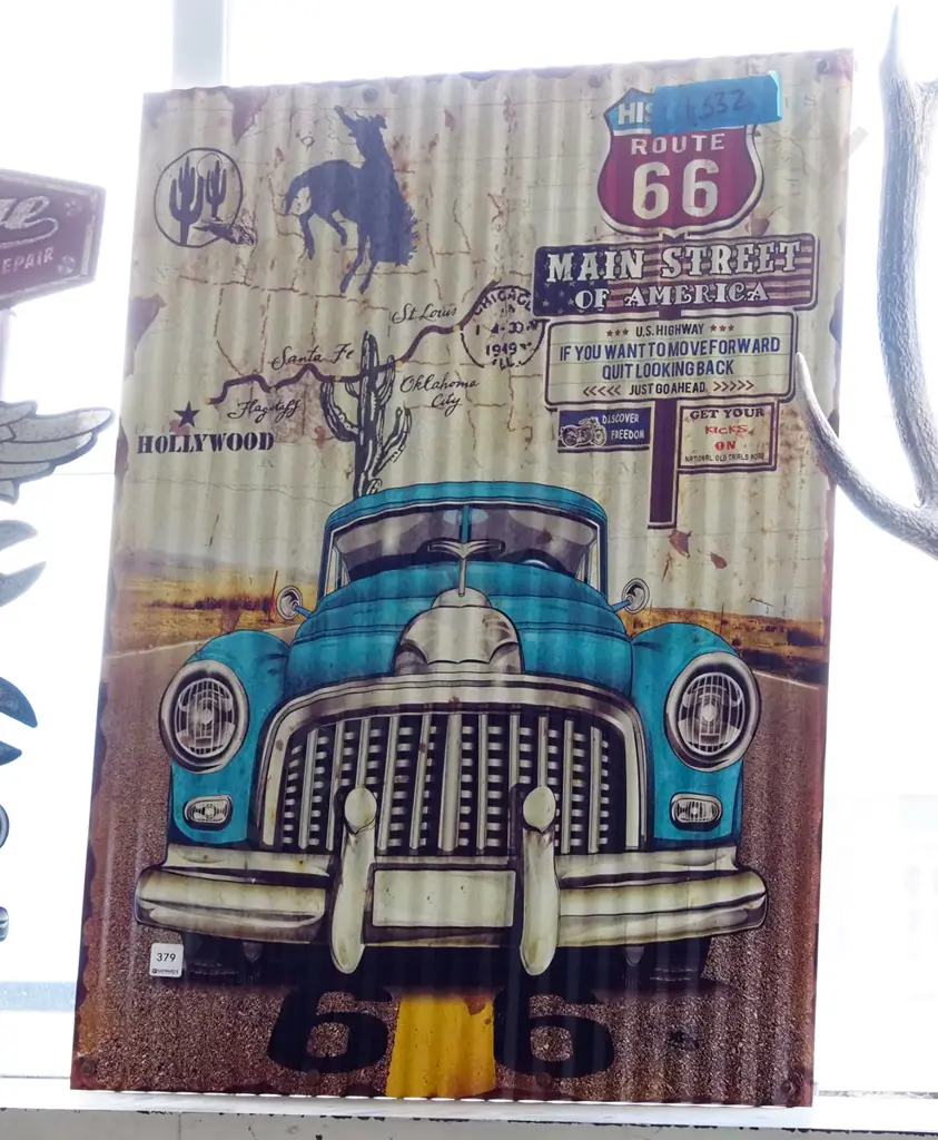 print on corrugated tin - classic car Route 66 Image 1++