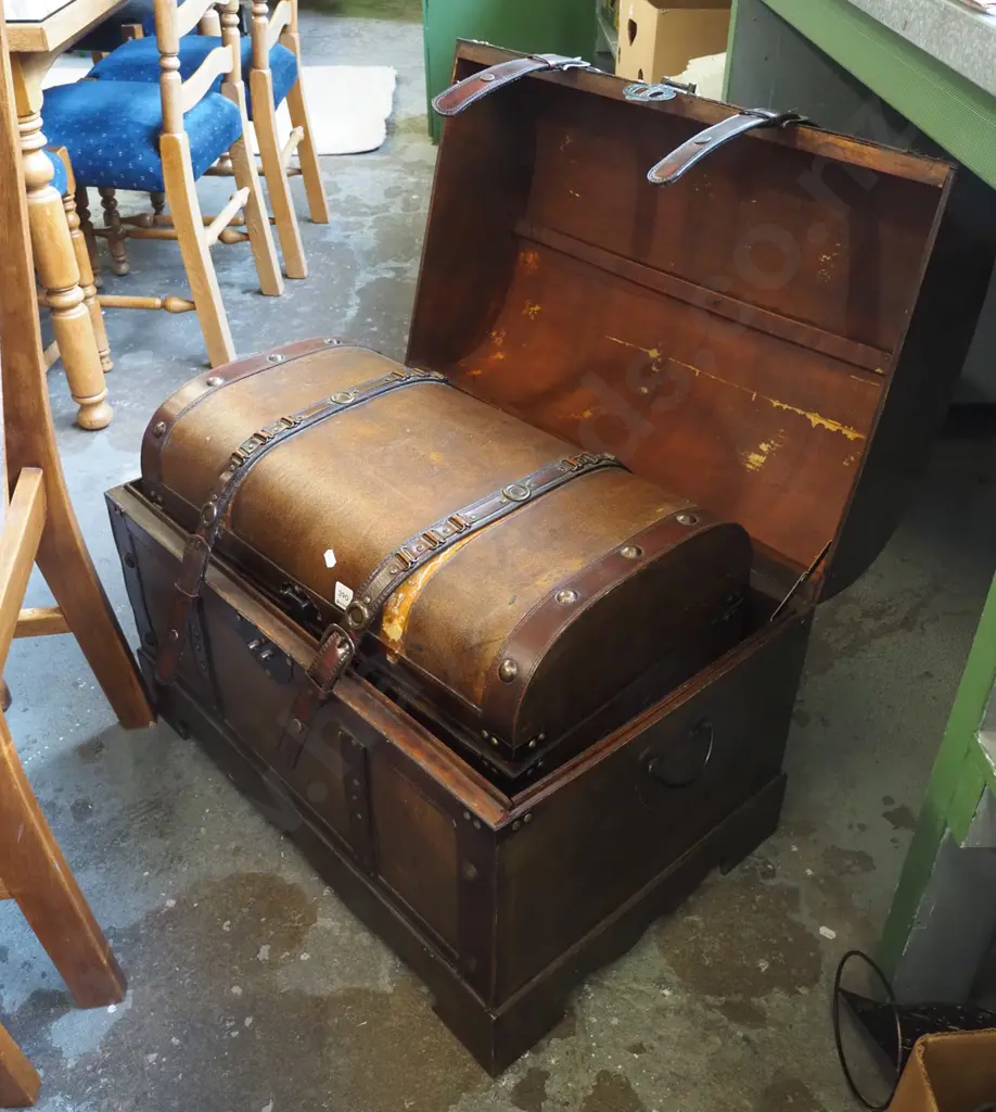 4x reproduction curved top leather, vinyl, wood matching storage chests - damage to1 strap Image 1++