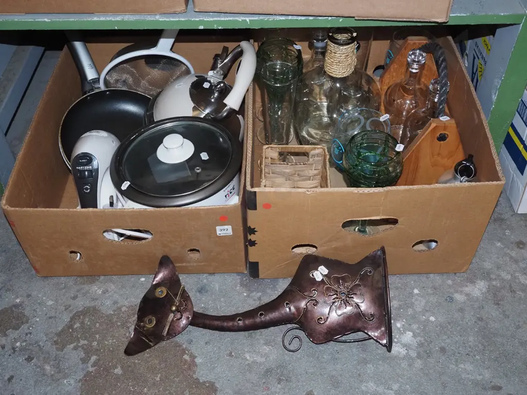 2 boxes; frying pan, rice cooker, glass bottles etc - red dots Image 1++