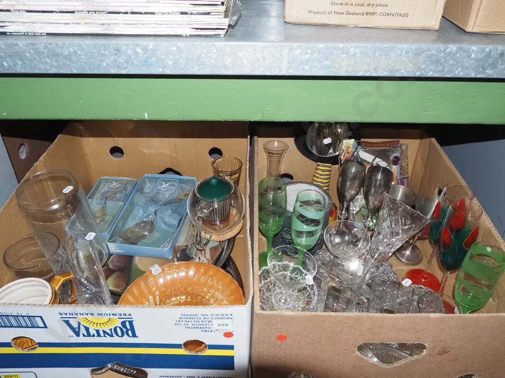 2x boxes; glasses, cake servers, bowls, plated trays etc - red dots Image 1++