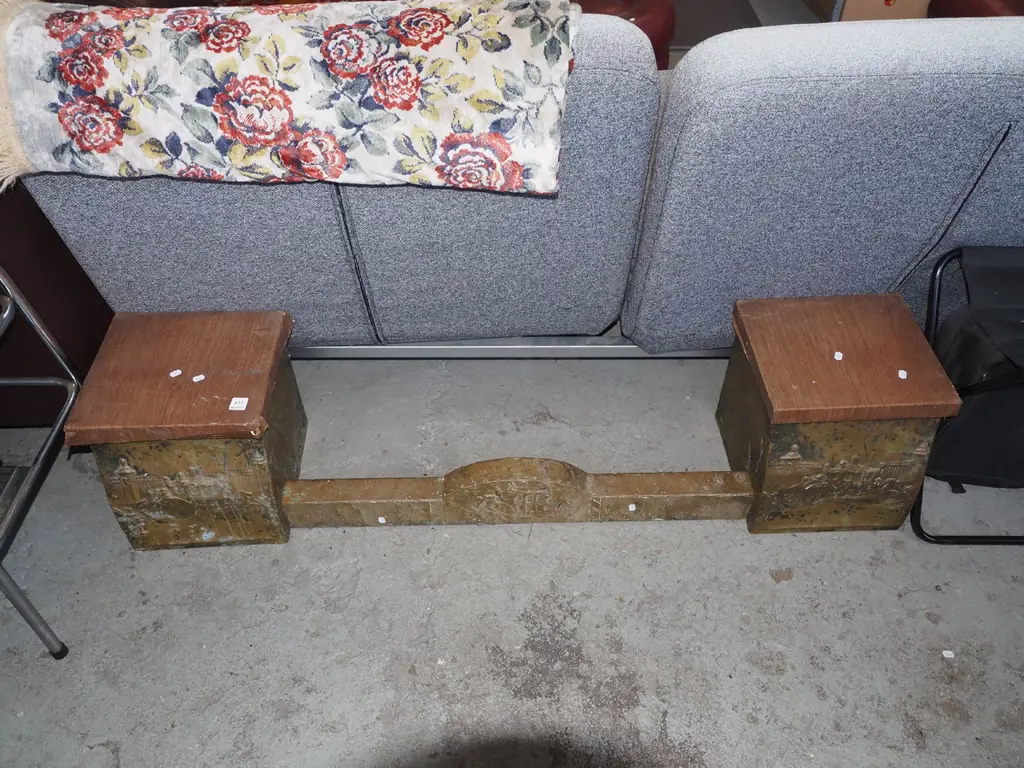 beaten brass fire kerb with 2 seat/storage bins Image 1++