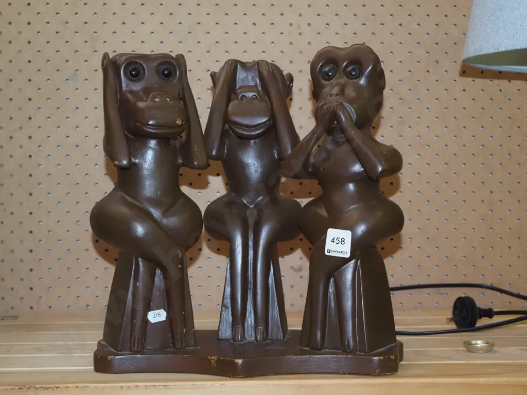 carved wooden monkey hear no evil, see no evil sculpture H-310 Image 1++