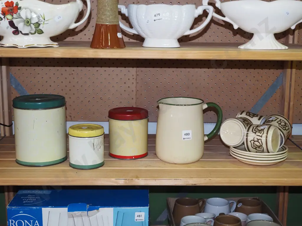vintage Cadbury tins, enamel jug,  4x Crown Lyn cups and saucers Image 1++