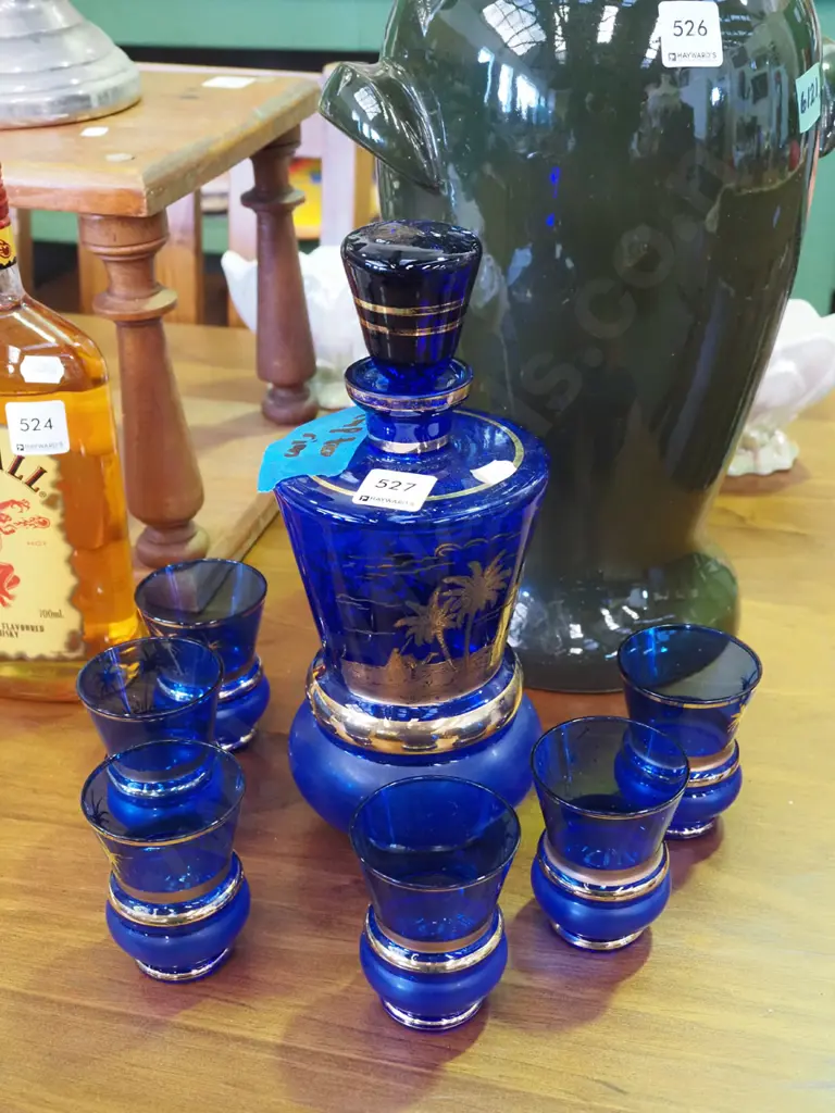 cobalt and gold decanter with 6 matching glasses - chip to rim Image 1++