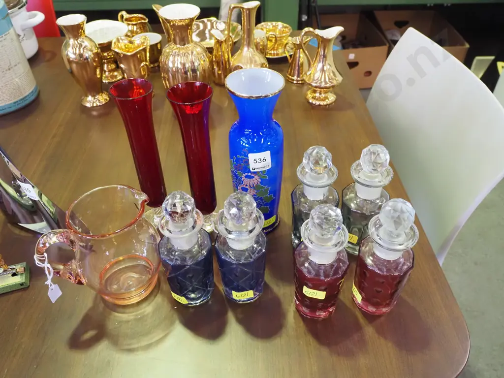 ruby glass vases, pink jug, coloured cut glass scent bottles etc Image 1++