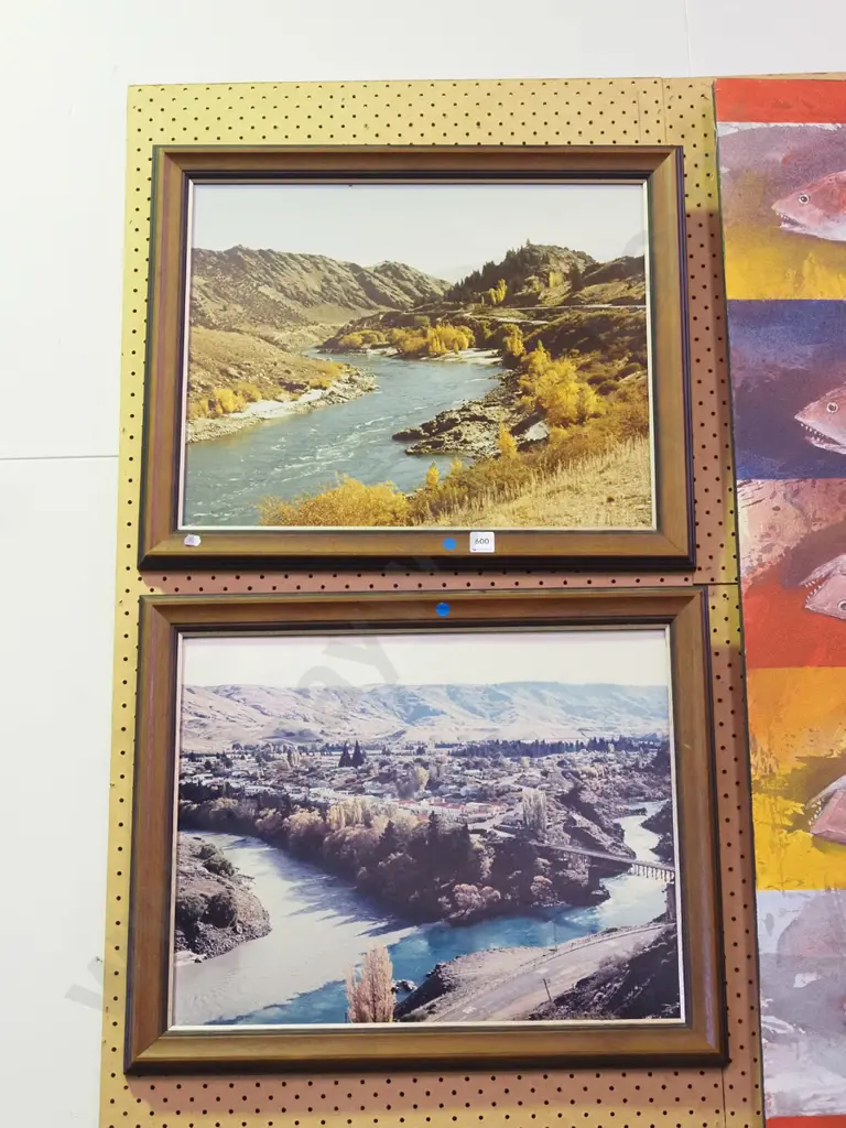 2x framed photographic  prints - Cromwell, Clutha River before Lake Dunstan - blue dots Image 1++