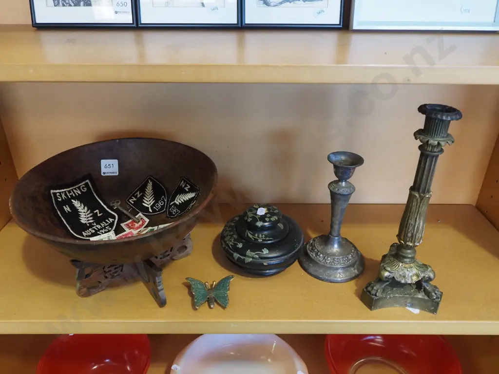 candlesticks, wooden trinket box, Asian bowl on stand, stamps, badges, brass buttrfly Image 1++