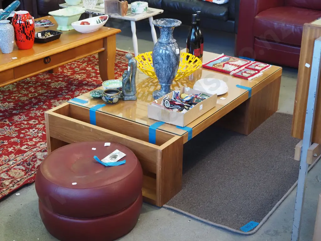 contemporary solid wood and mdf veneer coffee table with glass top, single drawer and magazine rack  Image 1++