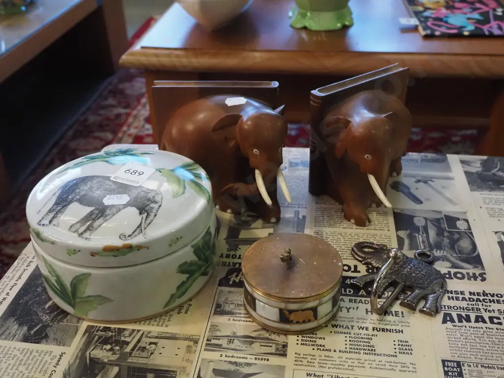 elephant themed bookends (missing 1 tusk), trinket box, lidded canister coat hook Image 1++