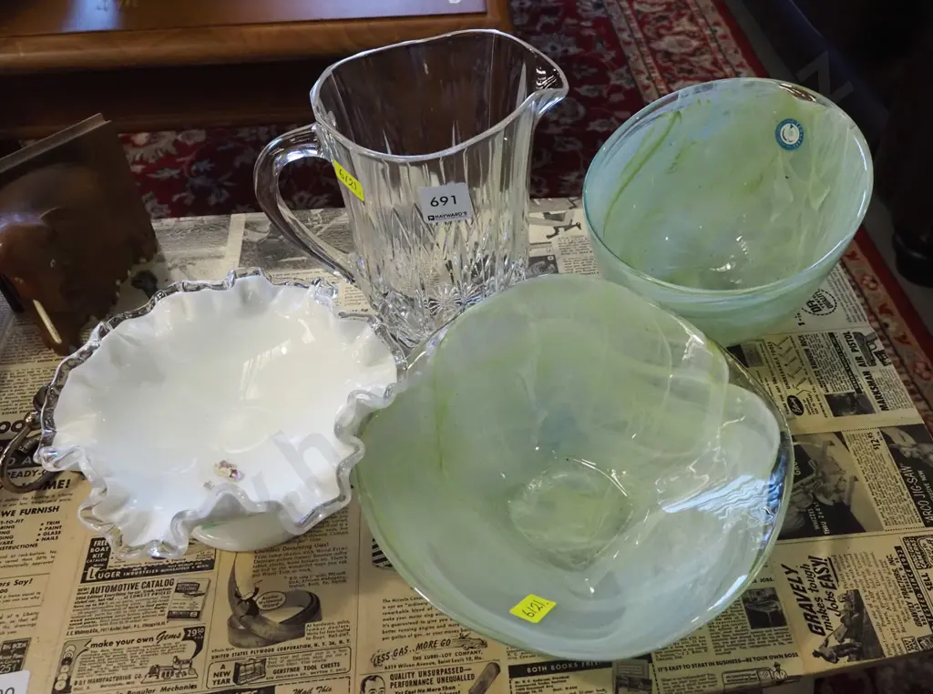 footed glass comport, 2x bowls, water jug Image 1++