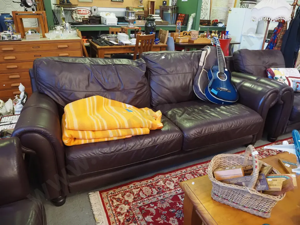 brown leather rolled arm 3 piece lounge suite - 3 seater, 2x singles - good condition Image 1++