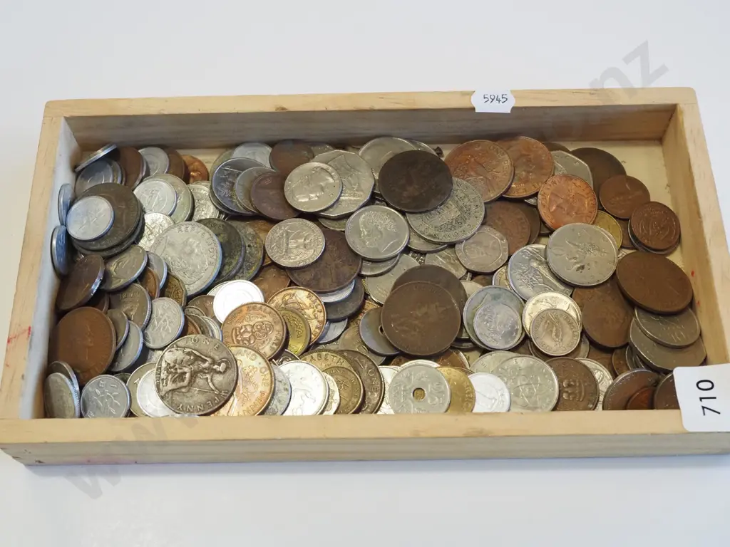 wooden tray of coins Image 1++